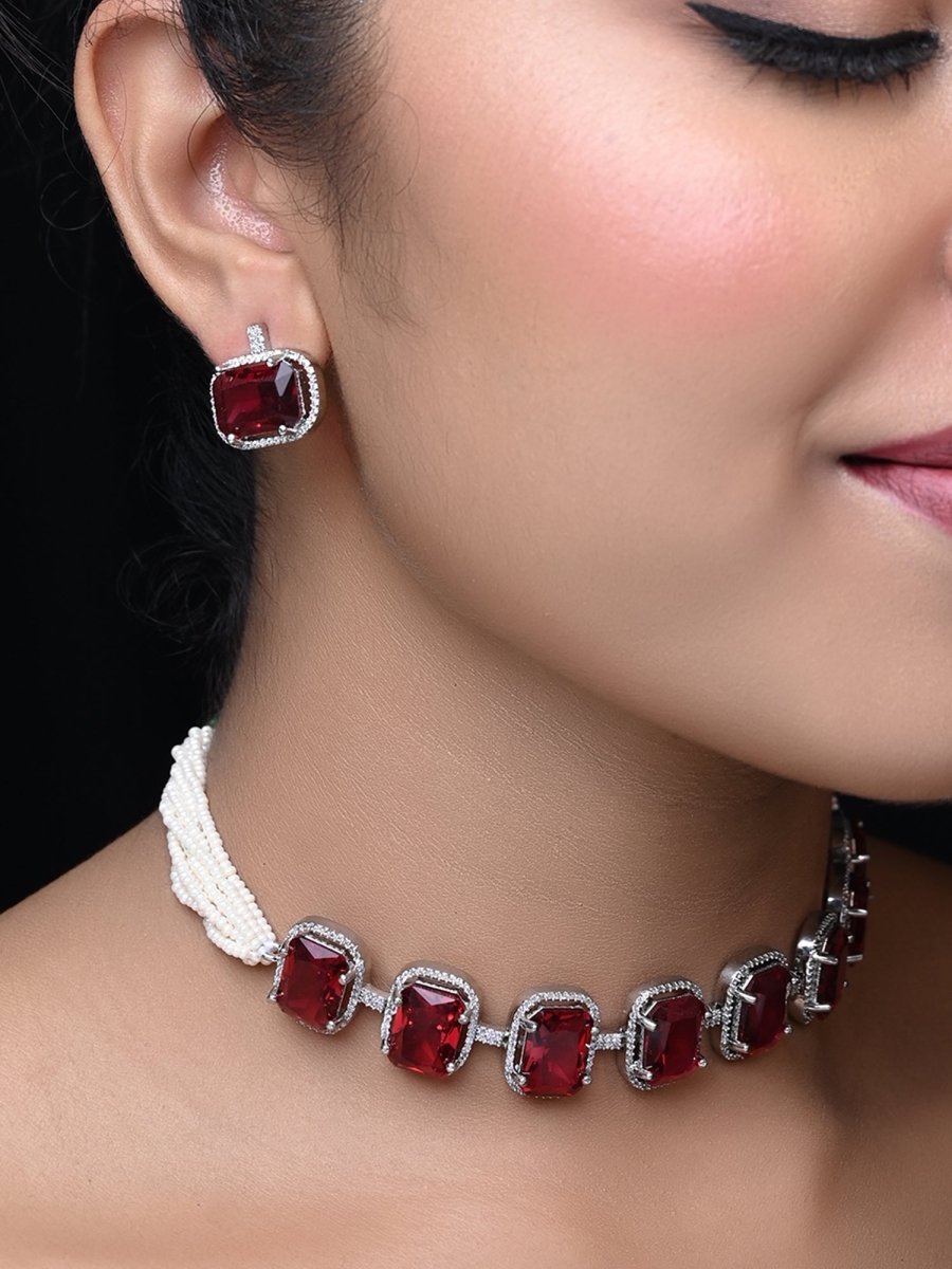 Saaleha Ruby Diamond Stone Silver Plated Choker Set - House of Sarvati LLC