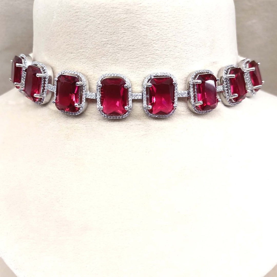 Saaleha Ruby Diamond Stone Silver Plated Choker Set - House of Sarvati LLC