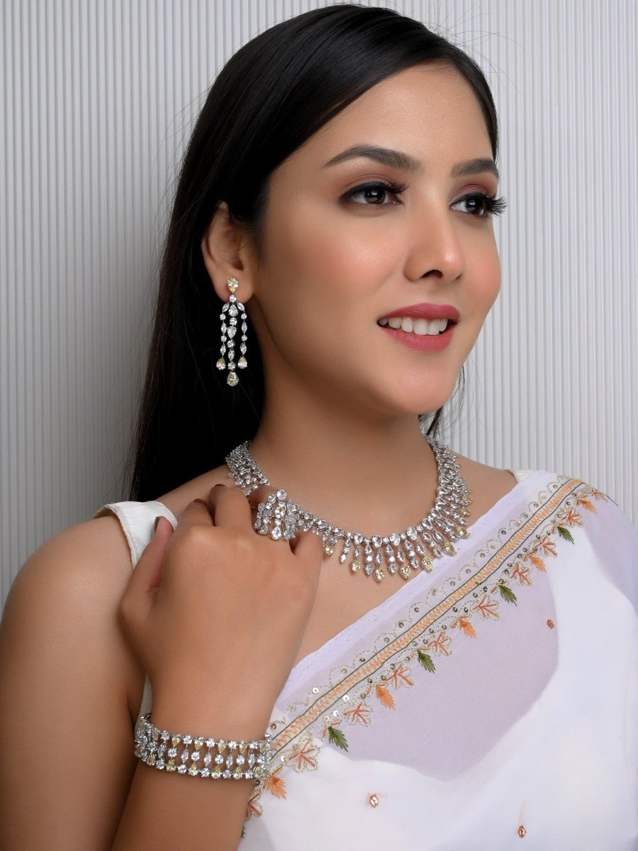 Saarika Yellow & White American Diamond Set With Ring And Bracelet - House of Sarvati LLC