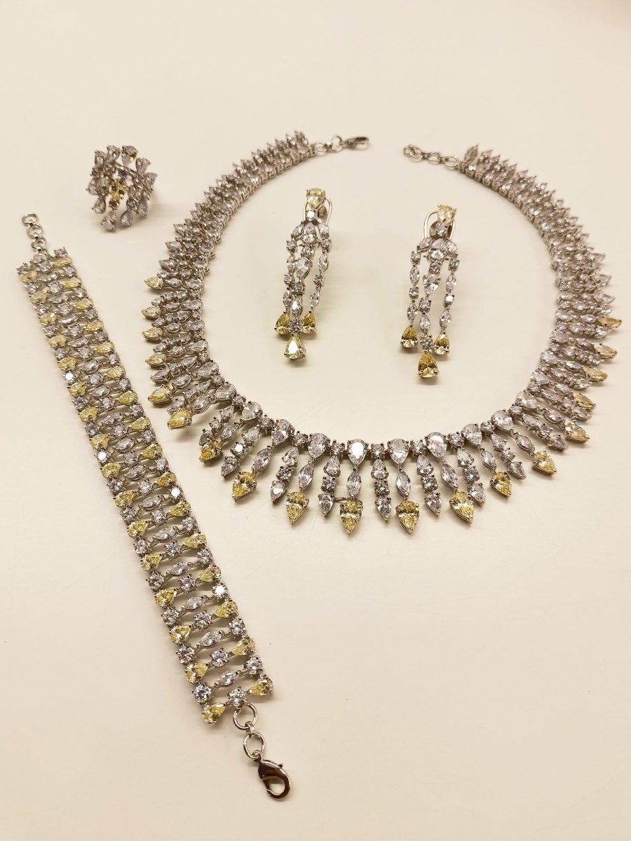 Saarika Yellow & White American Diamond Set With Ring And Bracelet - House of Sarvati LLC