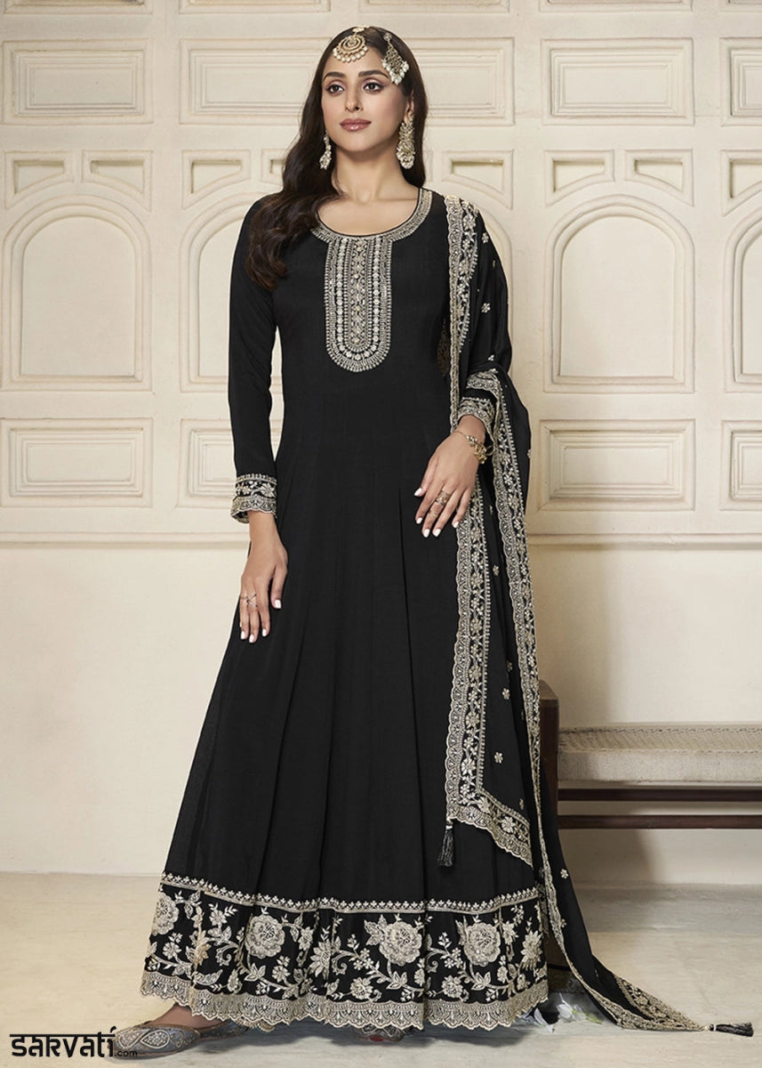 Sable Black Chinon Silk Anarkali Gown with White Embroidery and Sequin Highlights - House of Sarvati LLC