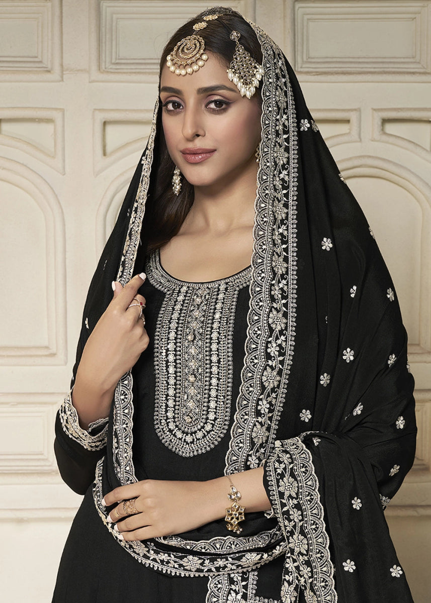 Sable Black Chinon Silk Anarkali Gown with White Embroidery and Sequin Highlights - House of Sarvati LLC
