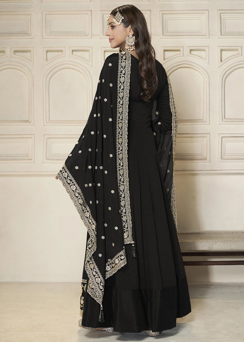 Sable Black Chinon Silk Anarkali Gown with White Embroidery and Sequin Highlights - House of Sarvati LLC