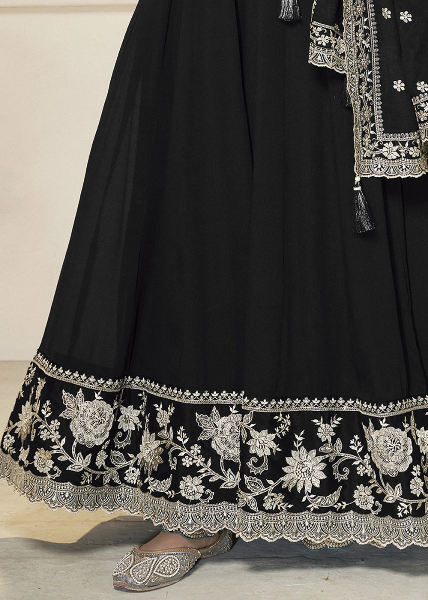 Sable Black Chinon Silk Anarkali Gown with White Embroidery and Sequin Highlights - House of Sarvati LLC