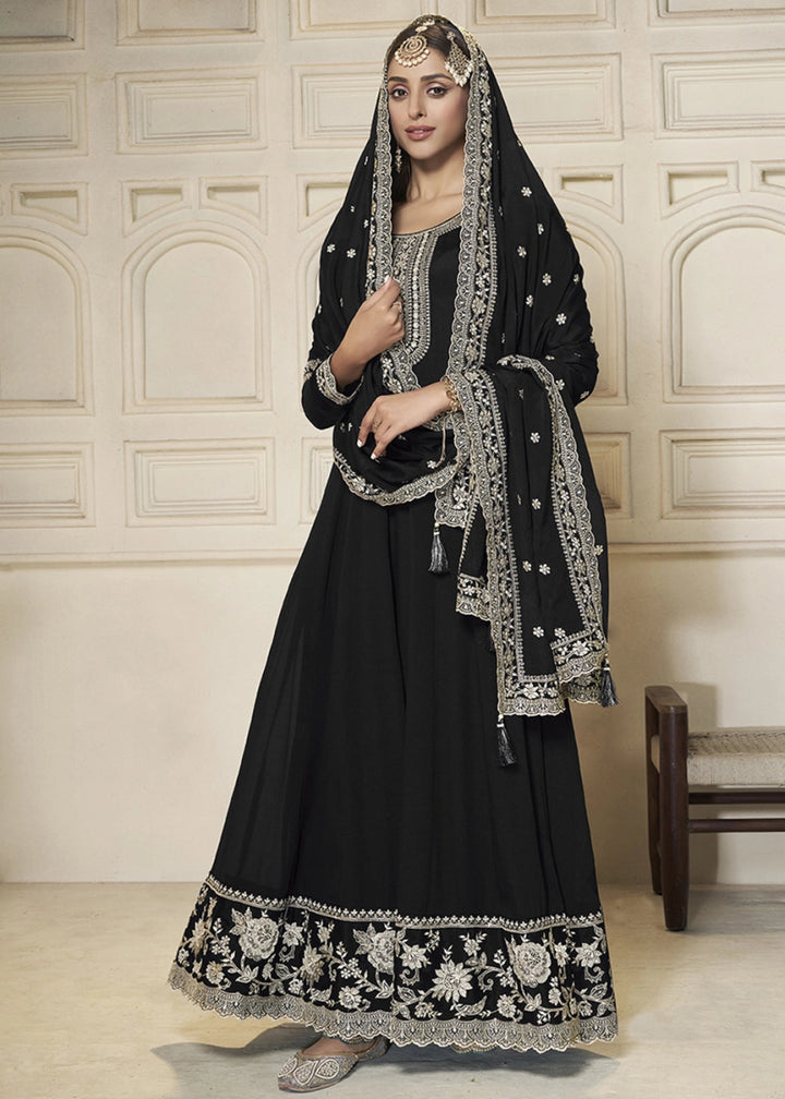 Sable Black Chinon Silk Anarkali Gown with White Embroidery and Sequin Highlights - House of Sarvati LLC