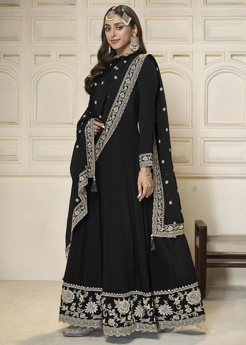 Sable Black Chinon Silk Anarkali Gown with White Embroidery and Sequin Highlights - House of Sarvati LLC