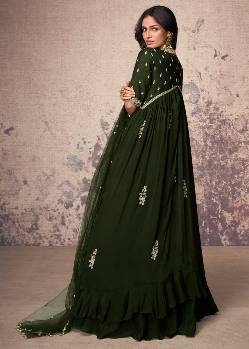 Sacramento Green Anarkali Gown in Chinon Silk with Embellishments - House of Sarvati LLC