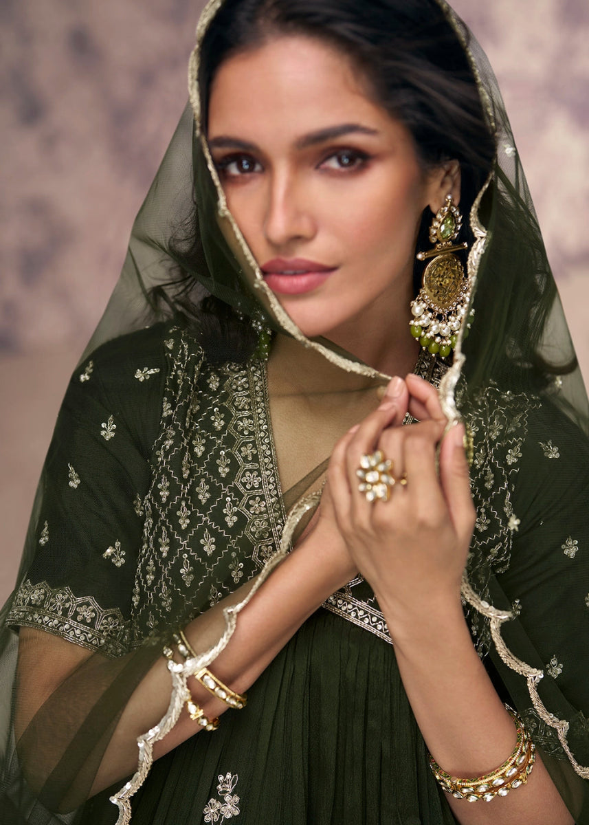 Sacramento Green Anarkali Gown in Chinon Silk with Embellishments - House of Sarvati LLC