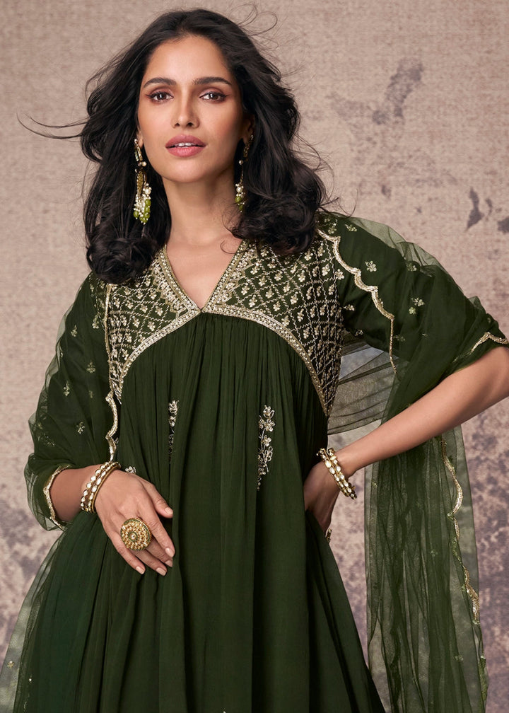 Sacramento Green Anarkali Gown in Chinon Silk with Embellishments - House of Sarvati LLC