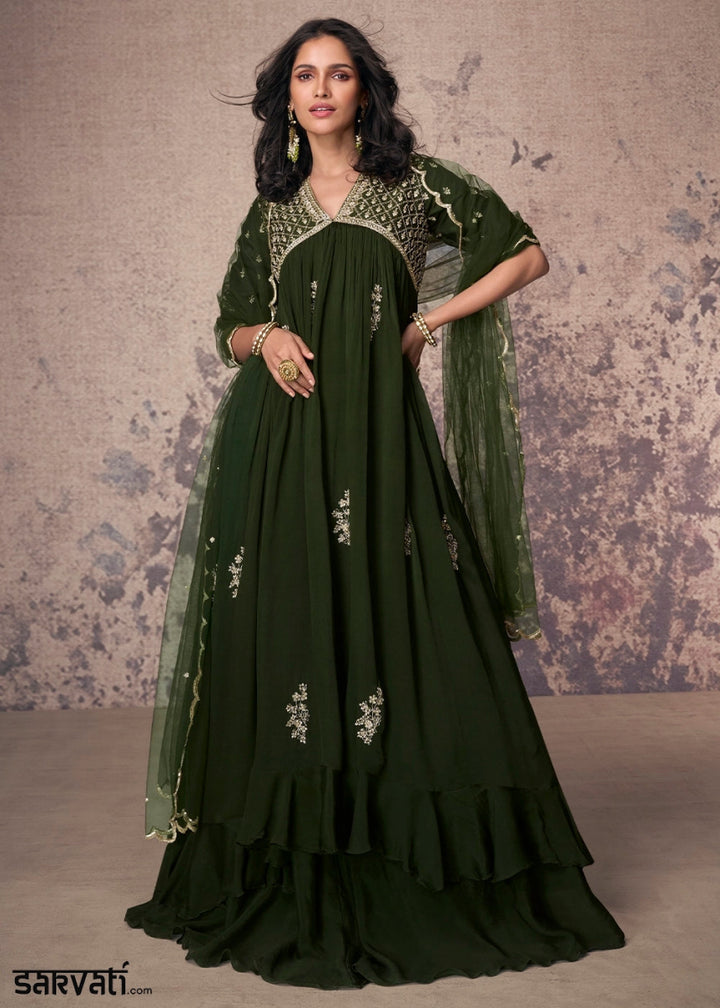 Sacramento Green Anarkali Gown in Chinon Silk with Embellishments - House of Sarvati LLC