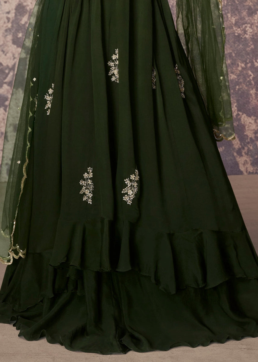 Sacramento Green Anarkali Gown in Chinon Silk with Embellishments - House of Sarvati LLC