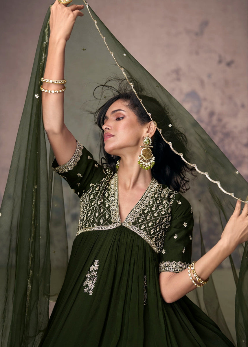 Sacramento Green Anarkali Gown in Chinon Silk with Embellishments - House of Sarvati LLC