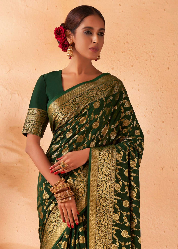 Sacramento Green Banarasi - Style Saree in Georgette Silk with Zari Embellishments - House of Sarvati LLC