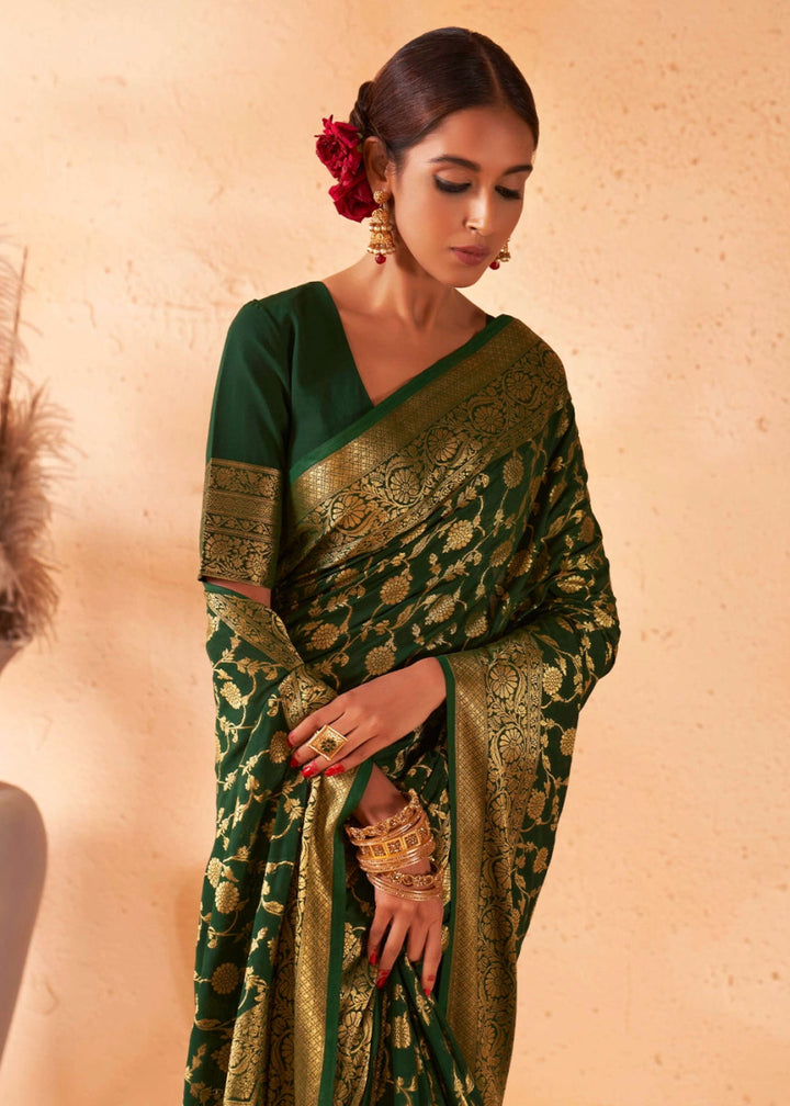 Sacramento Green Banarasi - Style Saree in Georgette Silk with Zari Embellishments - House of Sarvati LLC