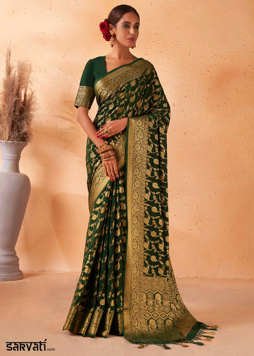 Sacramento Green Banarasi - Style Saree in Georgette Silk with Zari Embellishments - House of Sarvati LLC
