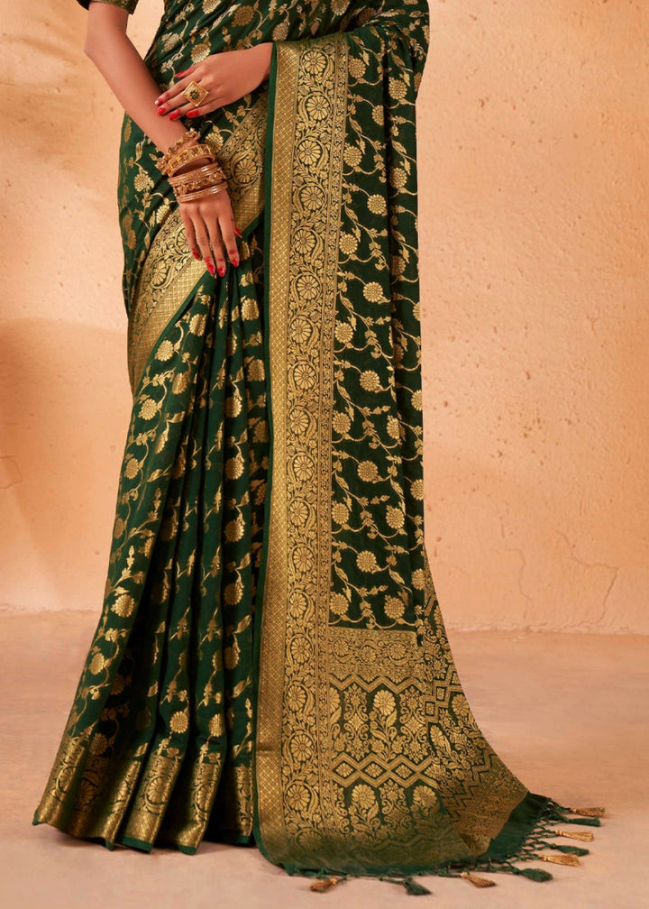 Sacramento Green Banarasi - Style Saree in Georgette Silk with Zari Embellishments - House of Sarvati LLC