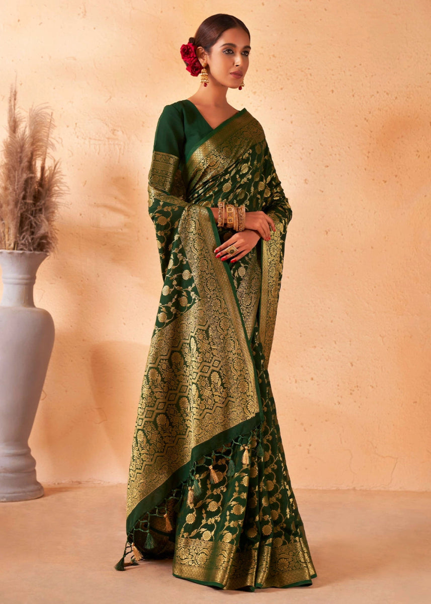 Sacramento Green Banarasi - Style Saree in Georgette Silk with Zari Embellishments - House of Sarvati LLC