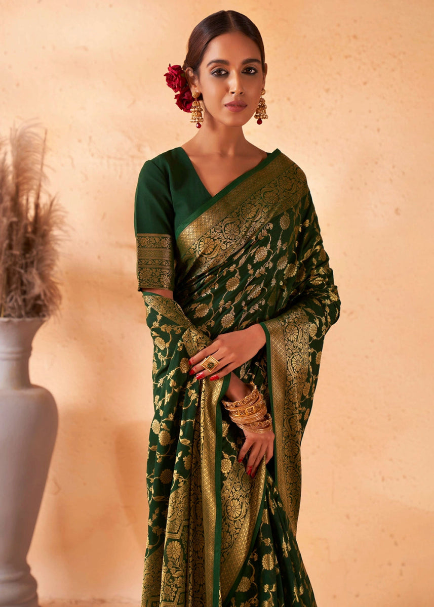 Sacramento Green Banarasi - Style Saree in Georgette Silk with Zari Embellishments - House of Sarvati LLC