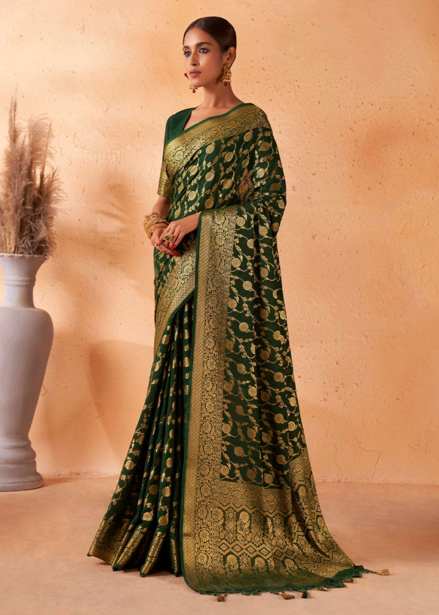 Sacramento Green Banarasi - Style Saree in Georgette Silk with Zari Embellishments - House of Sarvati LLC