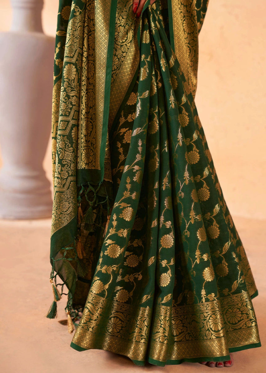 Sacramento Green Banarasi - Style Saree in Georgette Silk with Zari Embellishments - House of Sarvati LLC