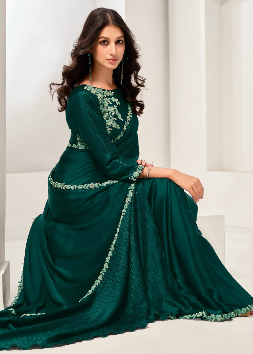 Sacramento Green Crepe Satin Silk Saree with Luxurious Zardosi Detailing - House of Sarvati LLC