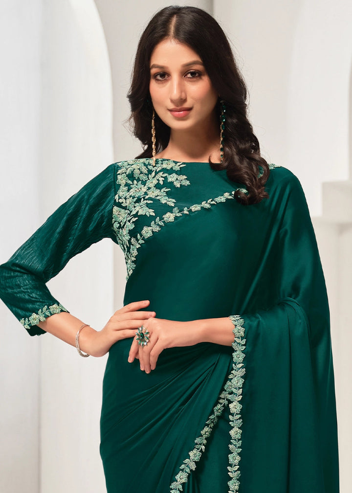 Sacramento Green Crepe Satin Silk Saree with Luxurious Zardosi Detailing - House of Sarvati LLC
