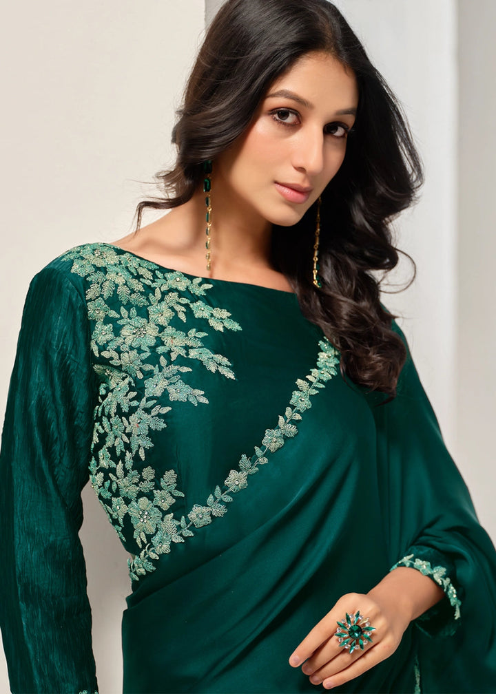 Sacramento Green Crepe Satin Silk Saree with Luxurious Zardosi Detailing - House of Sarvati LLC