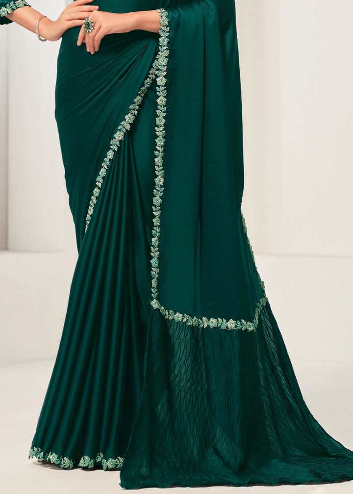 Sacramento Green Crepe Satin Silk Saree with Luxurious Zardosi Detailing - House of Sarvati LLC