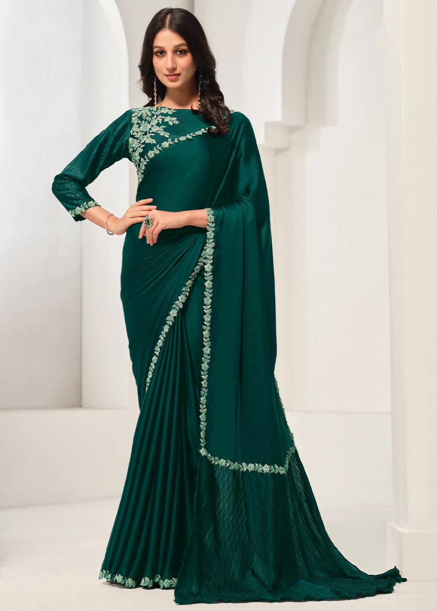 Sacramento Green Crepe Satin Silk Saree with Luxurious Zardosi Detailing - House of Sarvati LLC