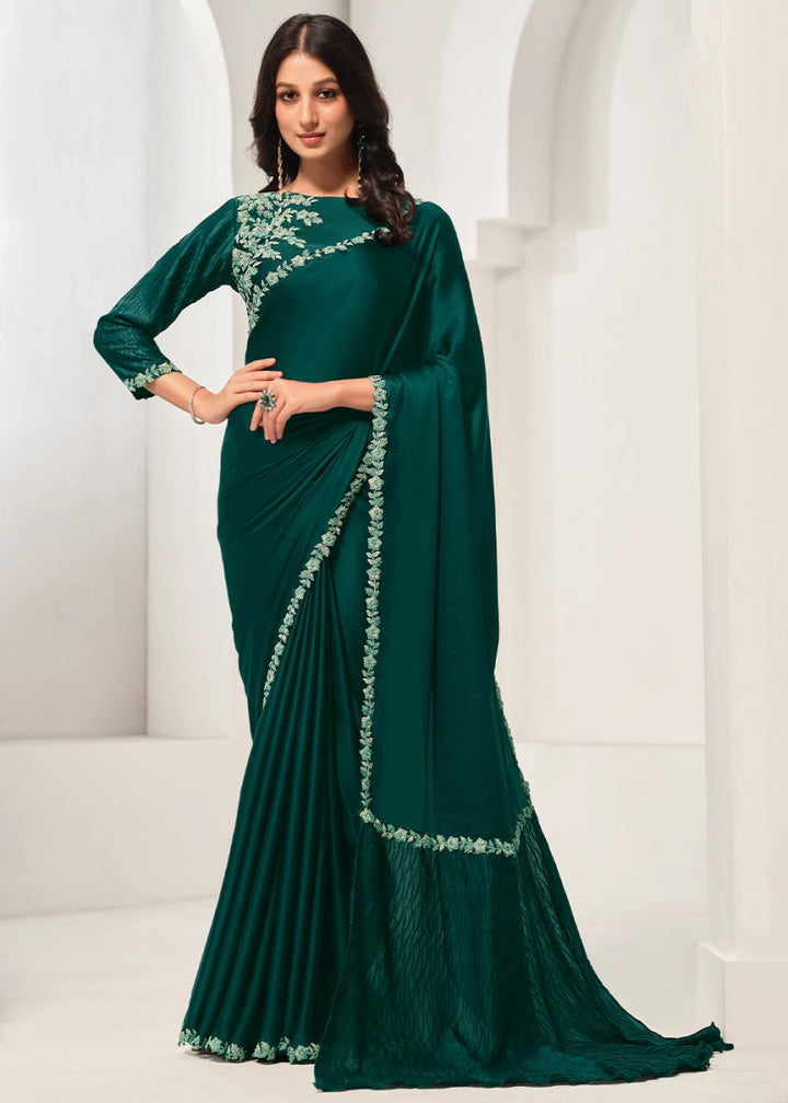 Sacramento Green Crepe Satin Silk Saree with Luxurious Zardosi Detailing - House of Sarvati LLC