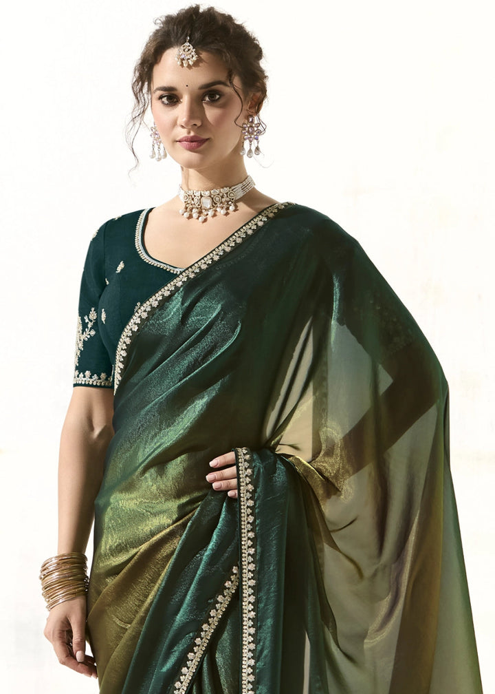 Sacramento Green Designer Tissue Organza Saree With All - Over Buttas And Hand Embroidered Blouse - House of Sarvati LLC