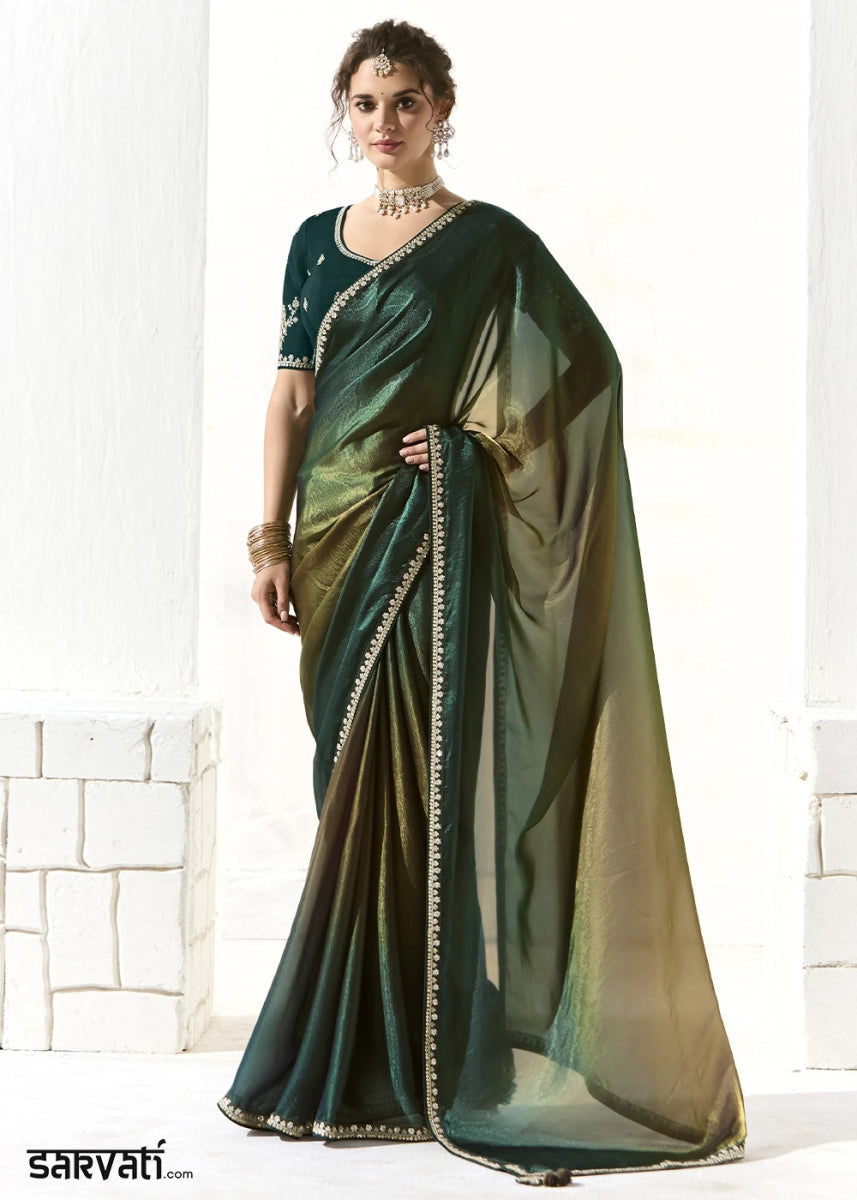 Sacramento Green Designer Tissue Organza Saree With All - Over Buttas And Hand Embroidered Blouse - House of Sarvati LLC