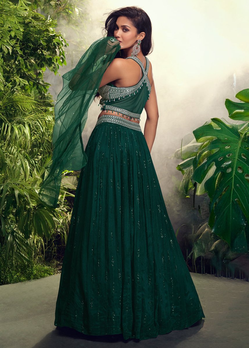 Sacramento Green Embroidered Chinon Silk Lehenga Choli Set - House of Sarvati LLC