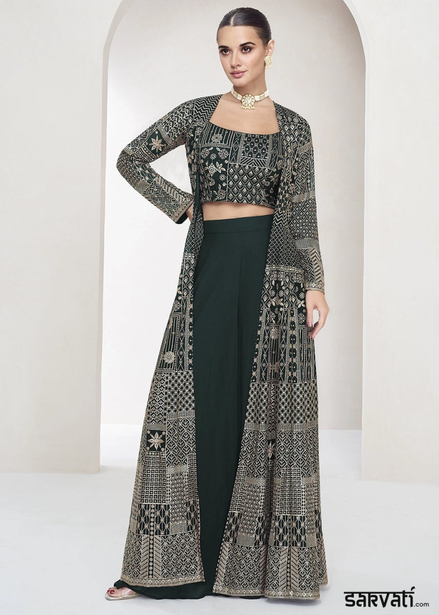Sacramento Green Palazzo and Top Set in Georgette with Full Embroidery Jacket - House of Sarvati LLC