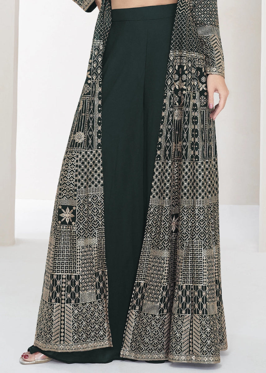 Sacramento Green Palazzo and Top Set in Georgette with Full Embroidery Jacket - House of Sarvati LLC