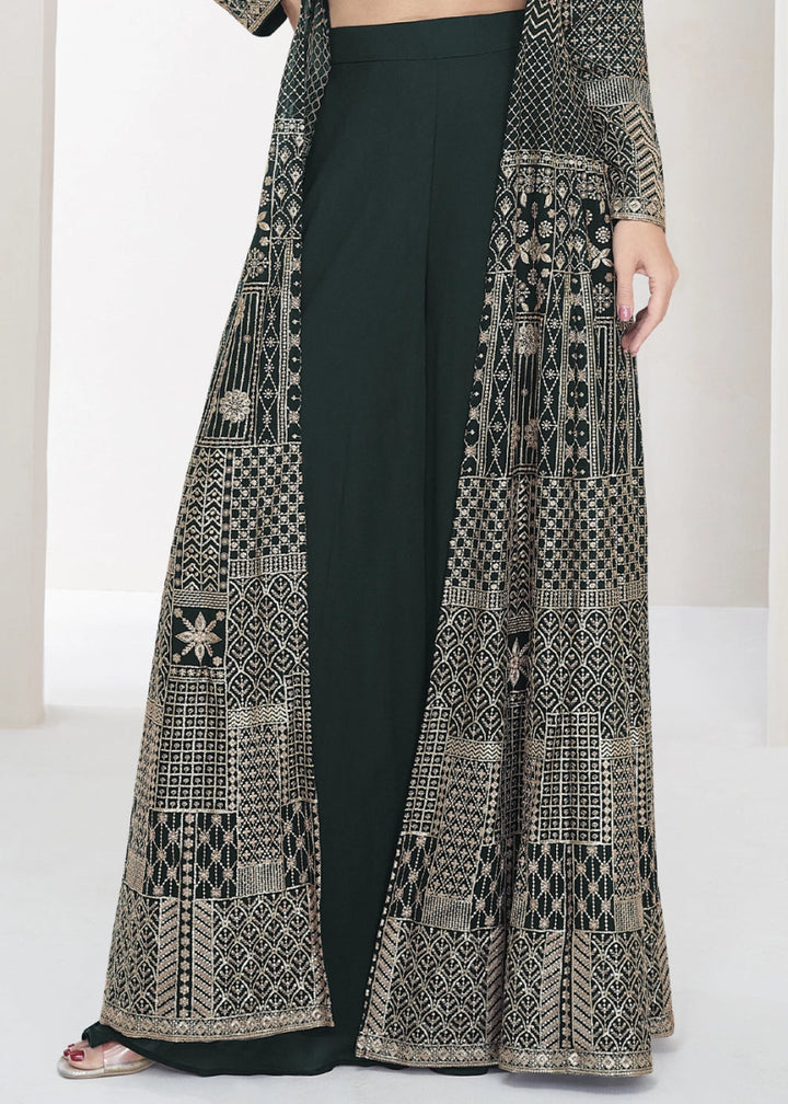 Sacramento Green Palazzo and Top Set in Georgette with Full Embroidery Jacket - House of Sarvati LLC