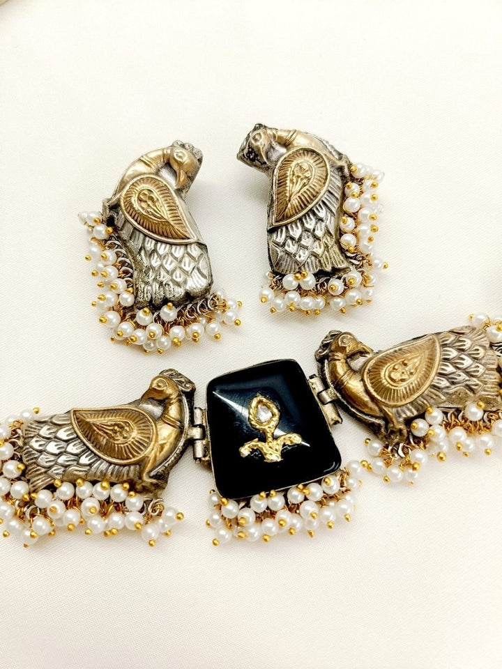 Safa Black Peacock Oxidized Choker Set - House of Sarvati LLC