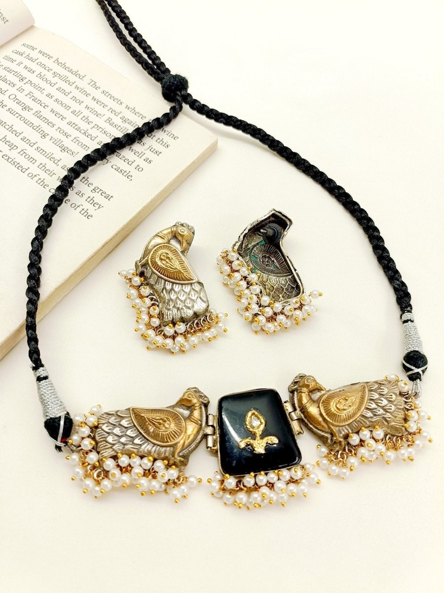 Safa Black Peacock Oxidized Choker Set - House of Sarvati LLC