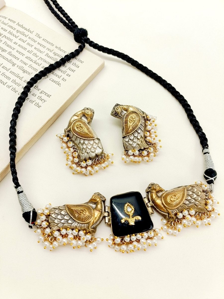 Safa Black Peacock Oxidized Choker Set - House of Sarvati LLC