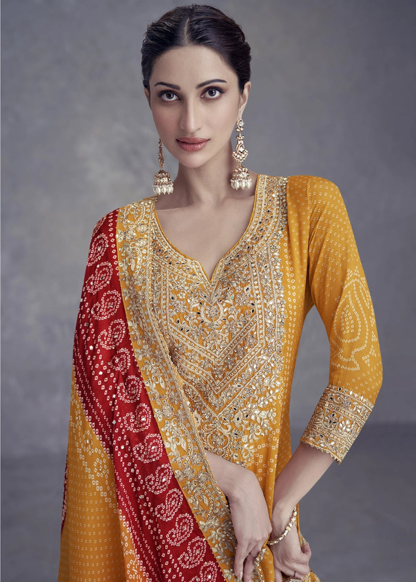 Saffron Yellow Chinon Silk Palazzo Suit with Bandhani Print & Embroidery - House of Sarvati LLC