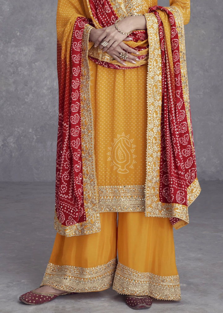 Saffron Yellow Chinon Silk Palazzo Suit with Bandhani Print & Embroidery - House of Sarvati LLC