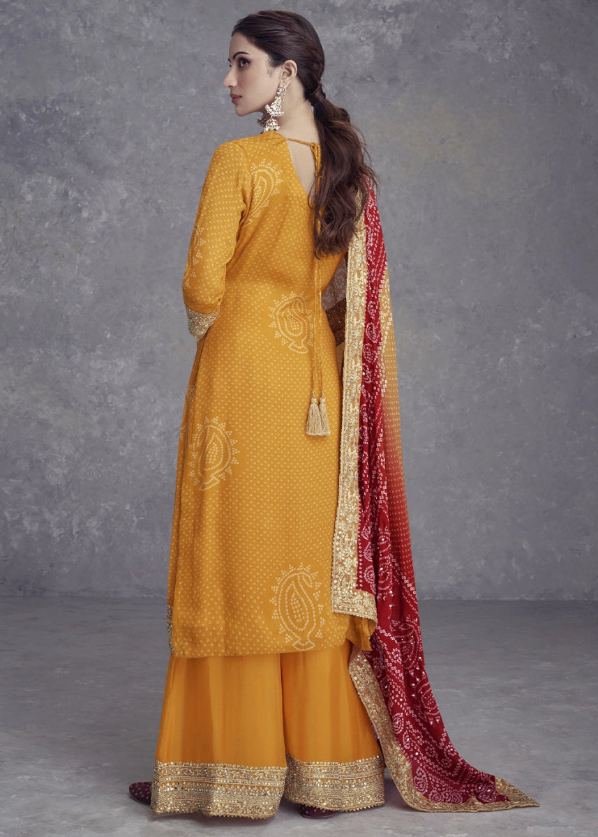 Saffron Yellow Chinon Silk Palazzo Suit with Bandhani Print & Embroidery - House of Sarvati LLC
