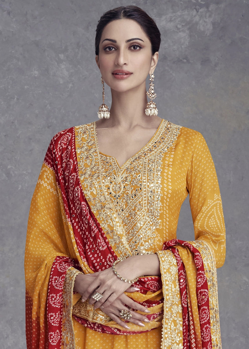 Saffron Yellow Chinon Silk Palazzo Suit with Bandhani Print & Embroidery - House of Sarvati LLC