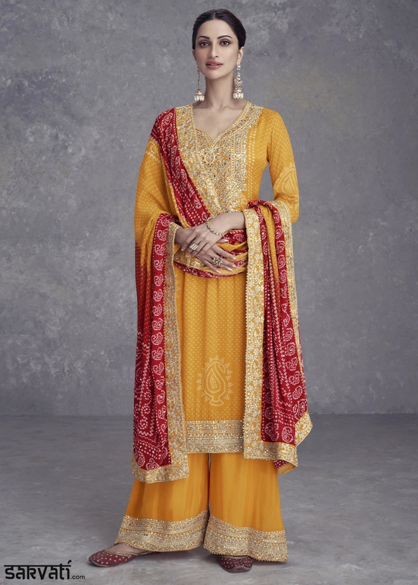 Saffron Yellow Chinon Silk Palazzo Suit with Bandhani Print & Embroidery - House of Sarvati LLC