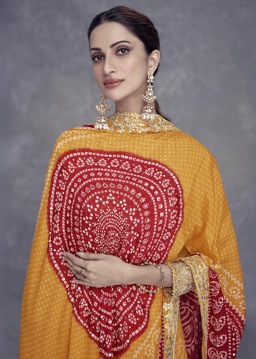 Saffron Yellow Chinon Silk Palazzo Suit with Bandhani Print & Embroidery - House of Sarvati LLC