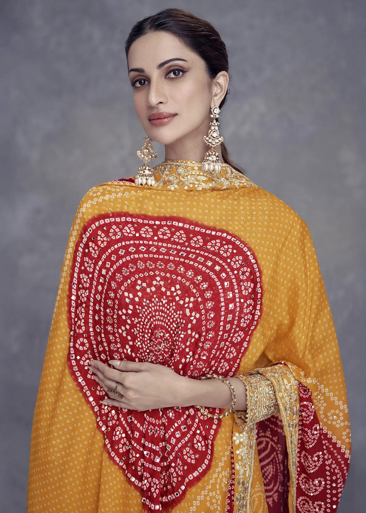 Saffron Yellow Chinon Silk Palazzo Suit with Bandhani Print & Embroidery - House of Sarvati LLC