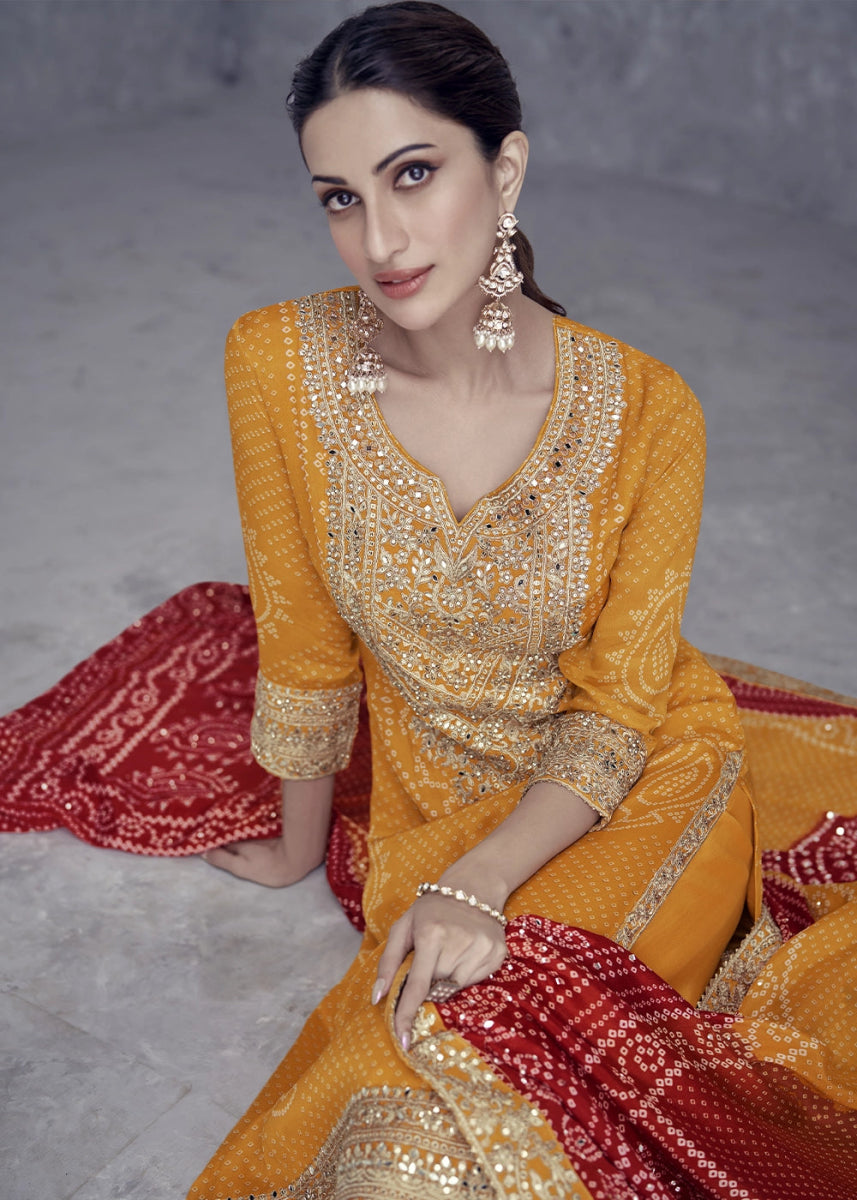 Saffron Yellow Chinon Silk Palazzo Suit with Bandhani Print & Embroidery - House of Sarvati LLC