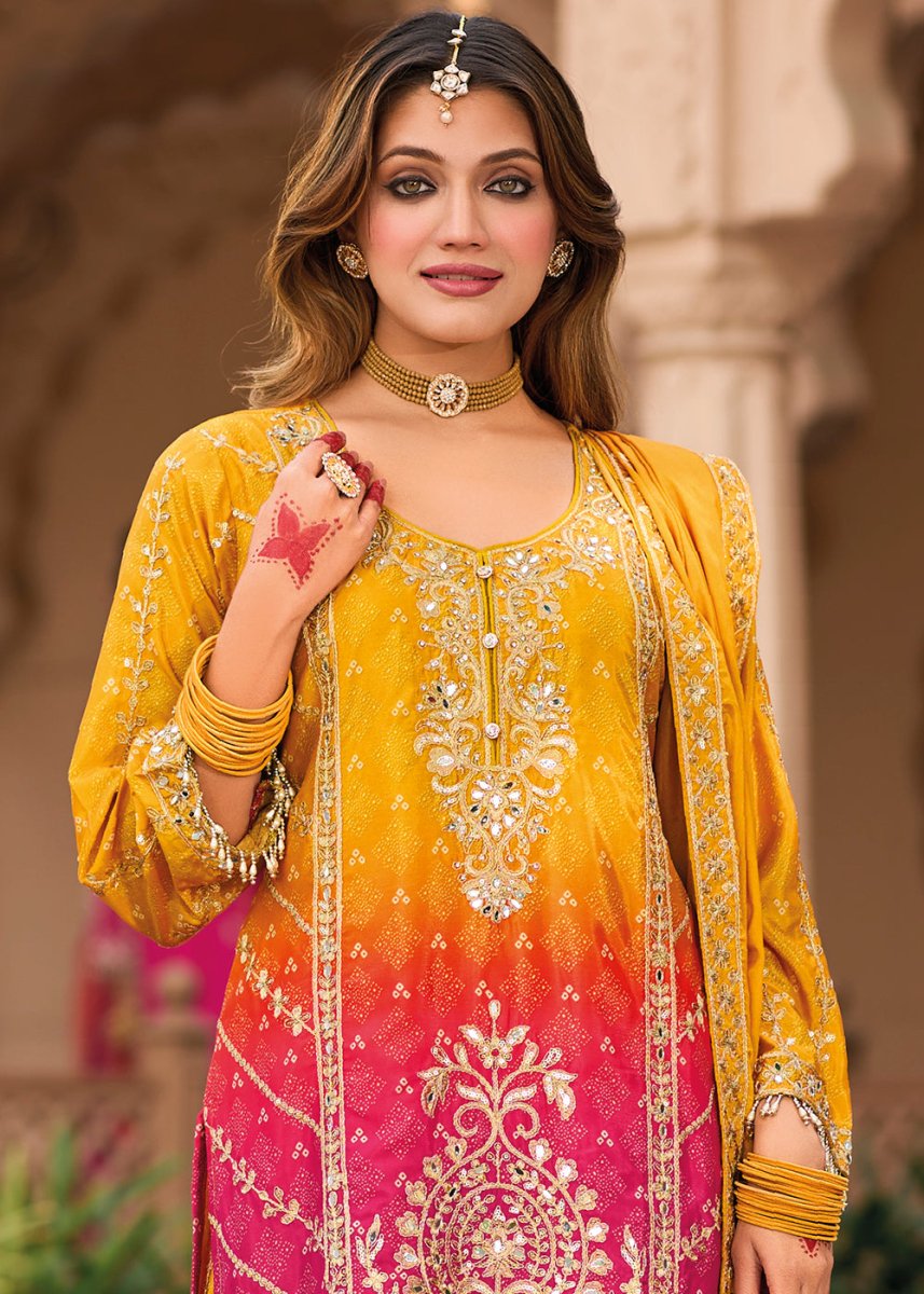 Saffron Yellow Chinon Silk Palazzo Suit with Intricate Embroidery - Eid Edition - House of Sarvati LLC