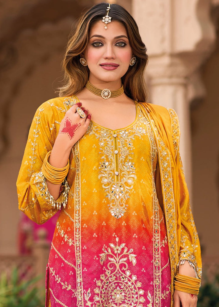 Saffron Yellow Chinon Silk Palazzo Suit with Intricate Embroidery - Eid Edition - House of Sarvati LLC