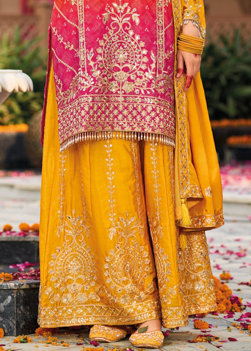 Saffron Yellow Chinon Silk Palazzo Suit with Intricate Embroidery - Eid Edition - House of Sarvati LLC